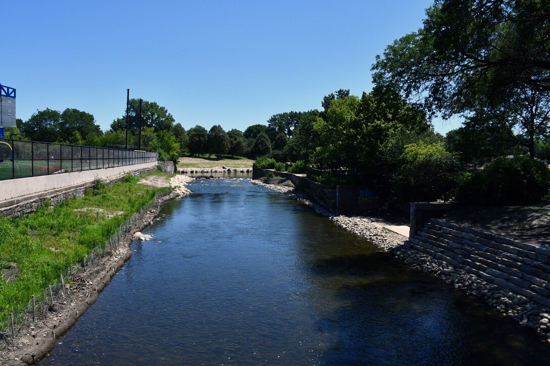 A view July 31, 2019 of where the North Branch Dam in River Park once stood. The four-foot high concrete dam at the convergence of the North Branch of the Chicago River and the North Shore Channel on Chicago’s north side was a barrier to healthy ecosystems and was removed by the U.S. Army Corps of Engineers Chicago District in 2018. (U.S. Army photo by Mariah Oliveras/Released)