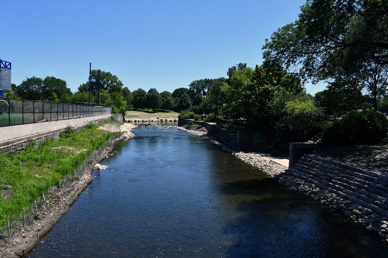 A view July 31, 2019 of where the North Branch Dam in River Park once stood. The four-foot high concrete dam at the convergence of the North Branch of the Chicago River and the North Shore Channel on Chicago’s north side was a barrier to healthy ecosystems and was removed by the U.S. Army Corps of Engineers Chicago District in 2018. (U.S. Army photo by Mariah Oliveras/Released)