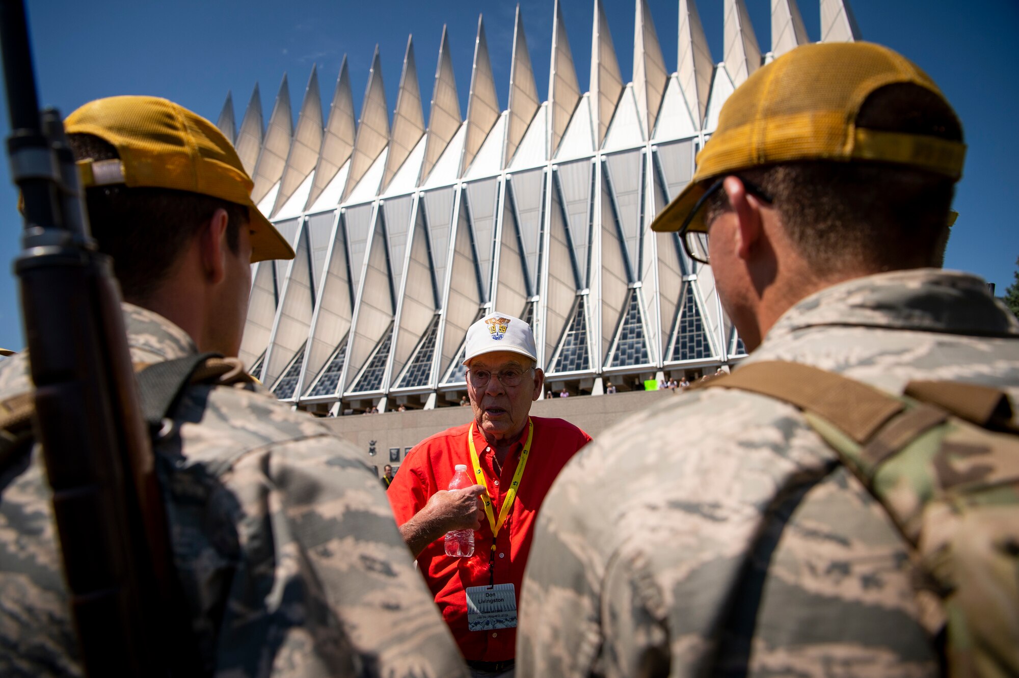 Basic cadets from the Class of 2023 marched back from Jacks Valley to the main Academy campus after completing field training July 31, 2019. Academy graduates were invited to march back with the cadets for the first time this year.   (U.S. Air Force photo/Joshua Armstrong)(U.S. Air Force photo/Trevor Cokley)