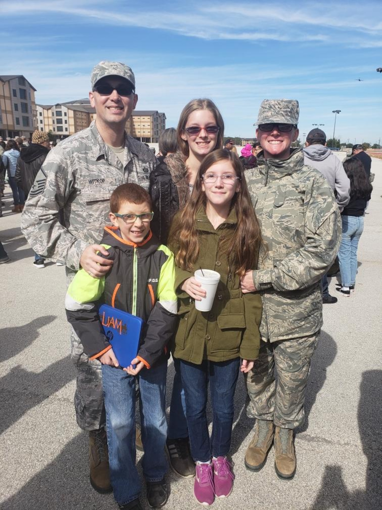 The Witkop family gather for a photo at Airman 1st Class Mary Witkop’s basic military training graduation at Joint Base San Antonio-Lackland, Texas. Mary served as a key spouse to the 34th Intelligence Squadron for four years before enlisting in the U.S. Air Force, and being assigned to the 70th Operations Support Squadron. (Courtesy photo)