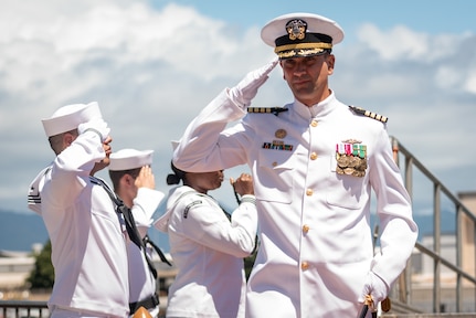 JOINT BASE PEARL HARBOR-HICKAM, Hawaii (May 31, 2019) Capt. Wes Bringham, commander, Submarine Squadron 1, is piped ashore after a change of command of the Virginia-class fast-attack submarine USS North Carolina (SSN 777)at Joint Base Pearl Harbor-Hickam, Hawaii, May 31. Cmdr. Matthew Lewis, commanding officer of North Carolina, was relieved by Cmdr. Michael Fisher, after more than 30 months in command of the vessel. (U.S. Navy Photo by Mass Communication Specialist 1st Class Daniel Hinton)