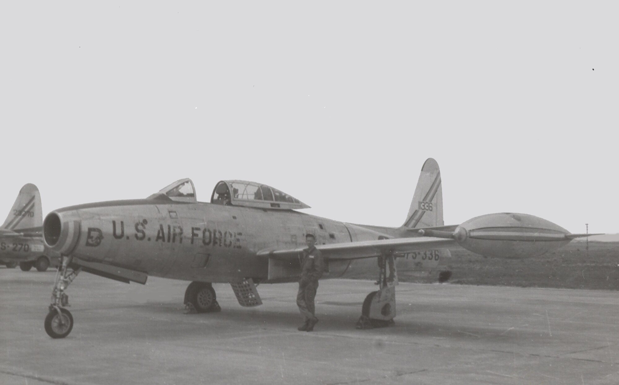 An F-84G sits on the flight line at Kunsan Air Base, Republic of Korea, in 1953. This representative aircraft is the same type of aircraft 1st Lt. David C. Clements, a 468th Strategic Fighter Squadron fighter pilot, was flying at the time of his death. (Courtesy Photo)