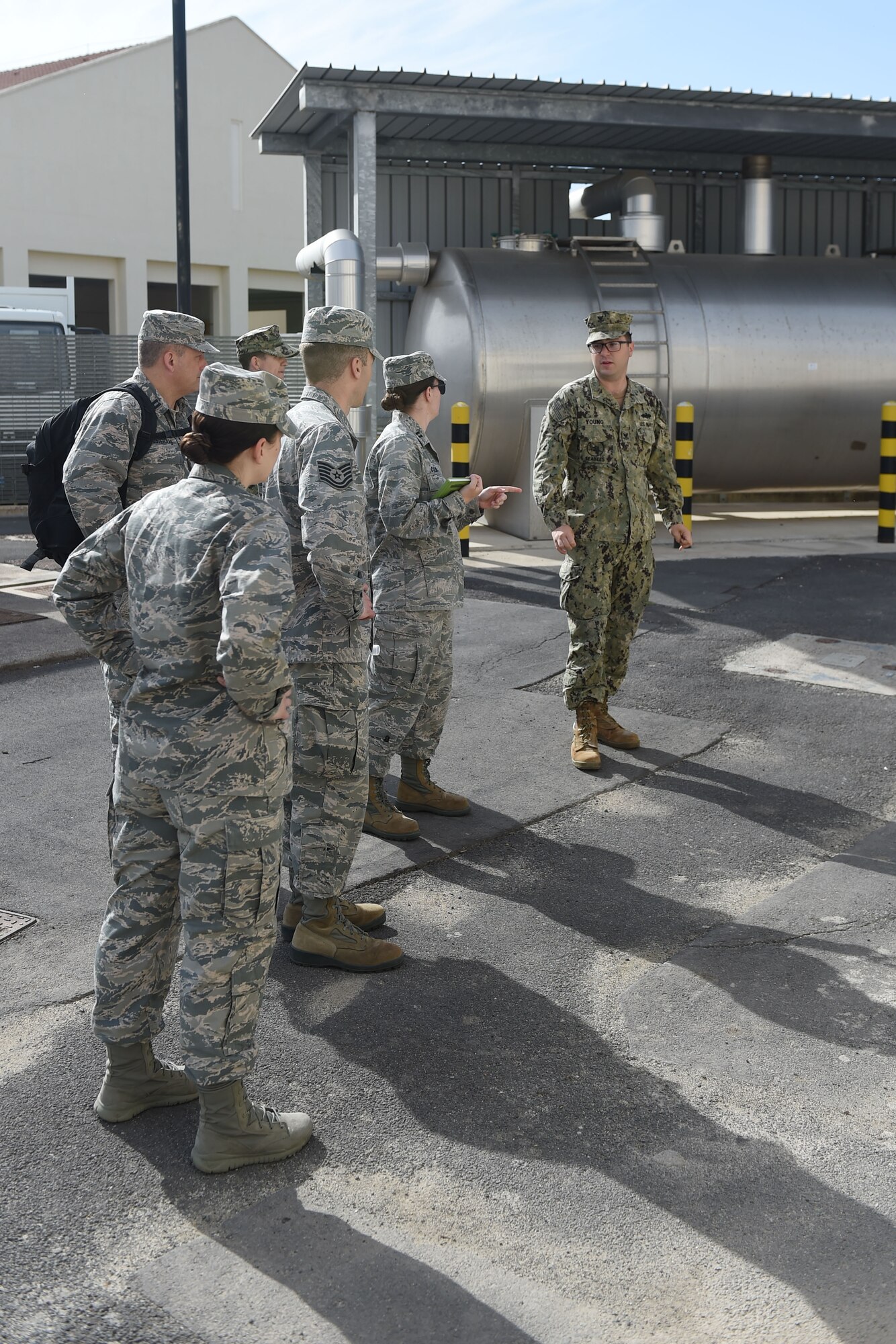 The Bio Environmental Engineering (BEE) take a tour of the water treatment plant at Naval Air Station I (NAS) Sigonella on May 13, 2019. This tour helped the BE understand the processes that are taken to ensure safe drinking water for the entire base. (U.S. Air National Guard photo by Senior Airman Katelyn Sprott)