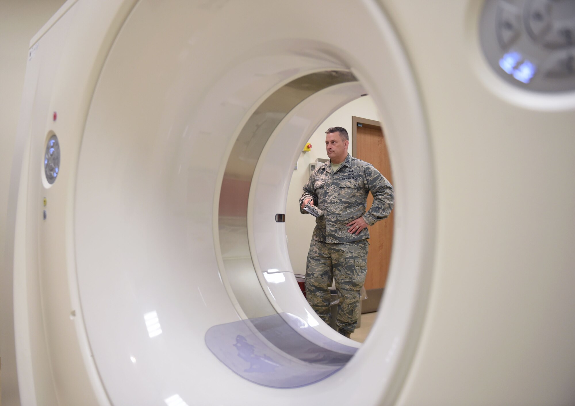 The Bio Environmental Engineering (BEE) tour the hospital to view equipment that is monitored for radiation levels at Naval Air Station I (NAS) Sigonella on May 14, 2019. The radiation levels technicians might receive when operating the equipment is monitored and recorded to ensure they aren’t receiving harmful levels. (U.S. Air National Guard photo by Senior Airman Katelyn Sprott)