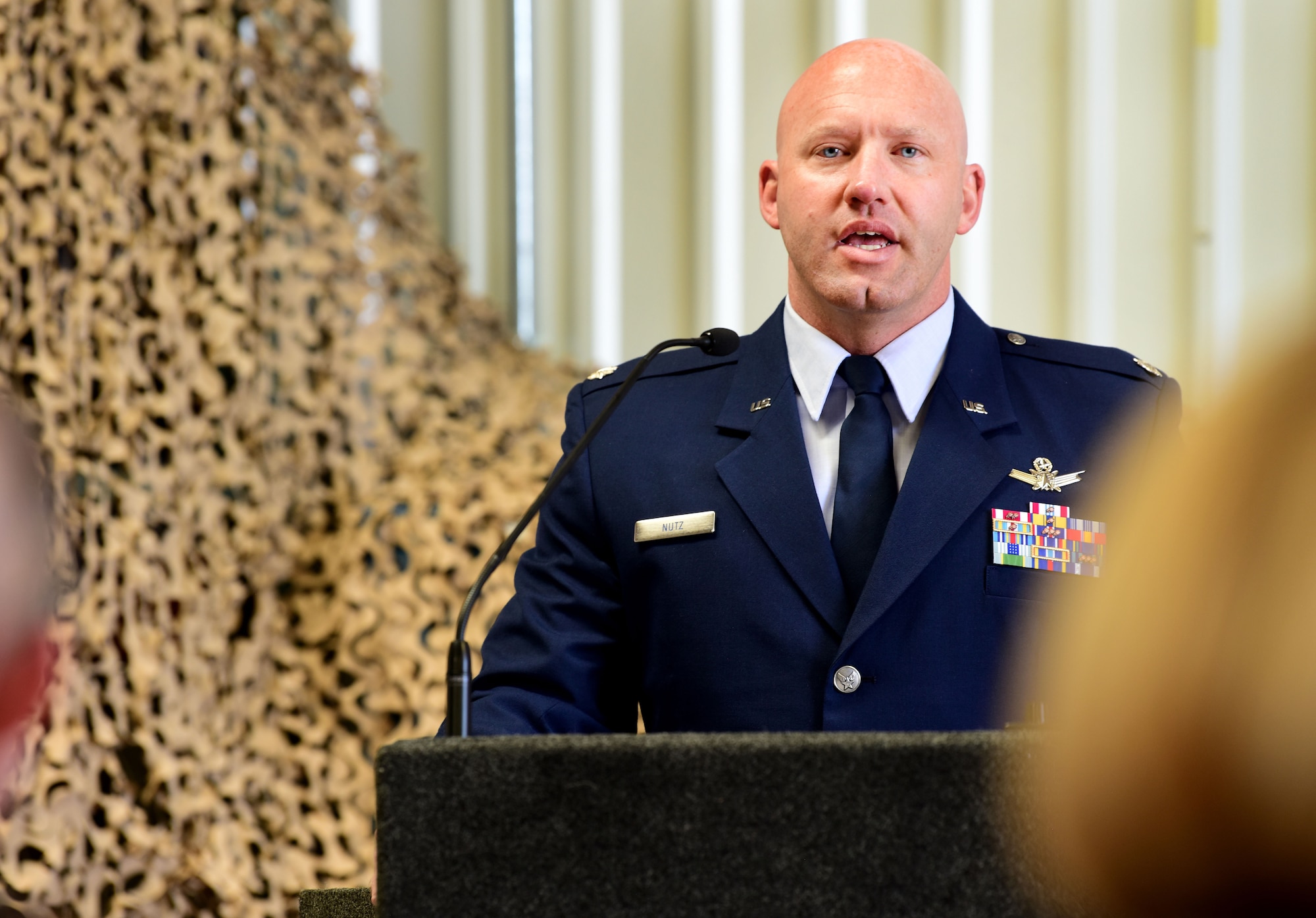 Lt. Col. Jeremy Nutz, incoming 26th Space Aggressor Squadron commander, addresses the men and women of the 26 SAS for the first time during a ceremony June 1, 2019.