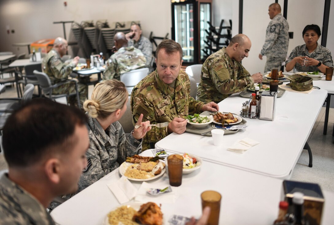 Maj. Gen. Gregory Jones, California Air National Guard commander, had lunch with members of the 144th Fighter Wing while visiting the Fresno Air National Guard Base, California, June 1, 2019