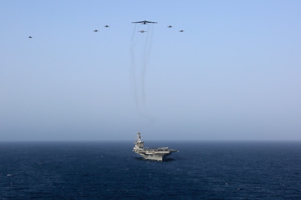 190601-N-FK070-1419

ARABIAN SEA (June 1, 2019) Abraham Lincoln Carrier Strike Group and a U.S. Air Force B-52H Stratofortress, assigned to the 20th Expeditionary Bomb Squadron and part of the Bomber Task Force deployed to the region, conduct joint exercises in the U.S. Central Command area of responsibility. The demonstration of flexible and adaptable joint operations shows U.S. military forces are prepared to respond to contingencies and defend the interest in the region. With Abraham Lincoln as the flagship, deployed strike group assets include staffs, ships and aircraft of Carrier Strike Group 12 (CSG 12), Destroyer Squadron 2 (DESRON 2), USS Leyte Gulf (CG 55) and Carrier Air Wing 7 (CVW 7). (U.S. Navy photo by Mass Communication Specialist 1st Class Brian M. Wilbur/Released)