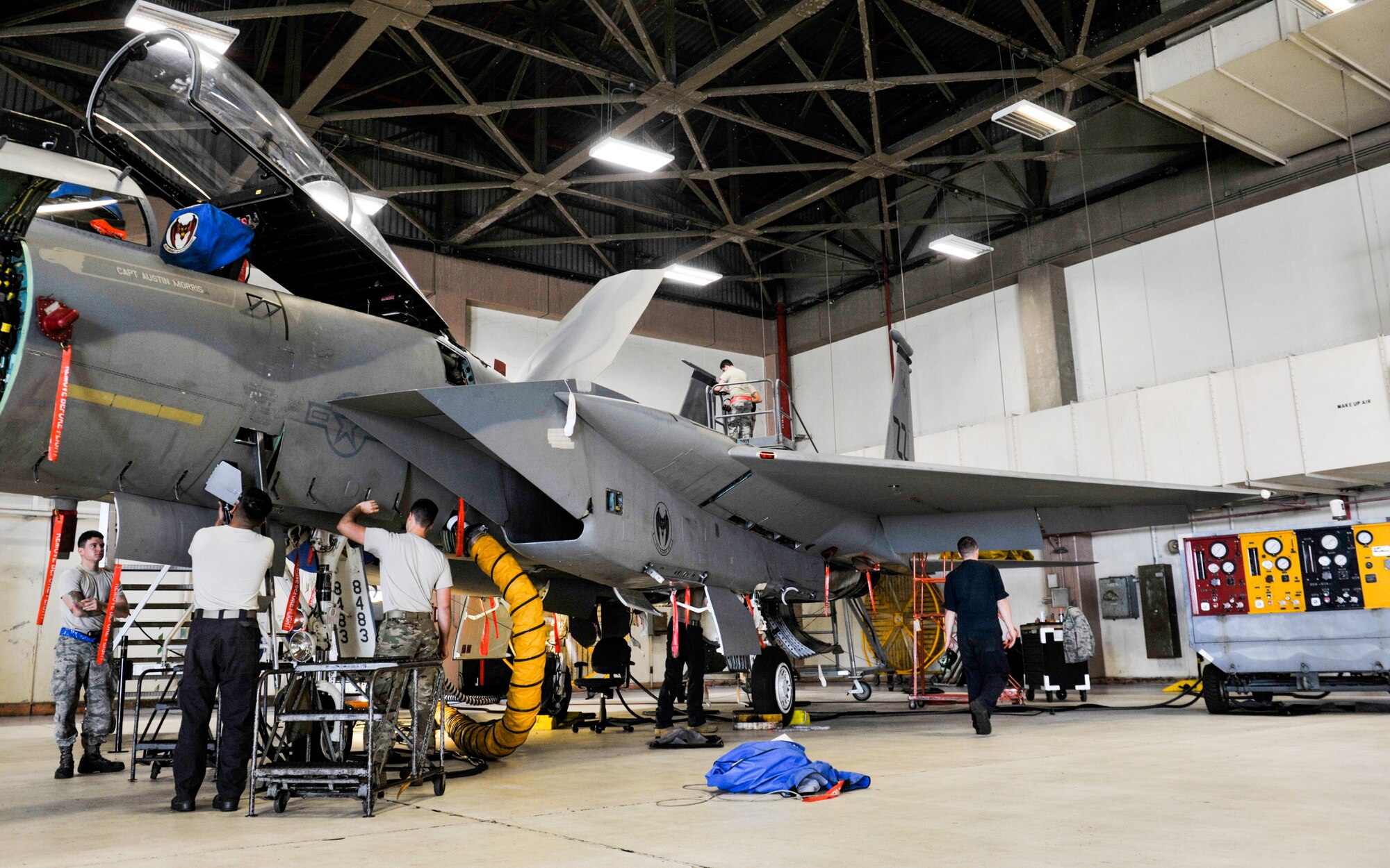 An F-15 Eagle undergoes full phase maintenance and inspections at Kadena Air Base, Japan, May 15, 2019.