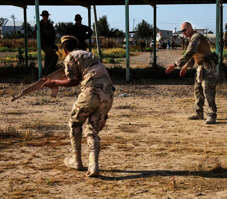 A New Zealand soldier with the Task Group Taji 8 gives instruction on movement to execute tactical field care techniques, on Camp Taji, Iraq May 6, 2019. Combined Joint Task Force – Operation Inherent Resolve focuses on providing training, support, and equipment to enhance the professionalism, technical expertise and equipment capabilities of Iraqi Security Forces. This will enable the ISF to counter future external and internal threats independently and establish permanent security across the country.