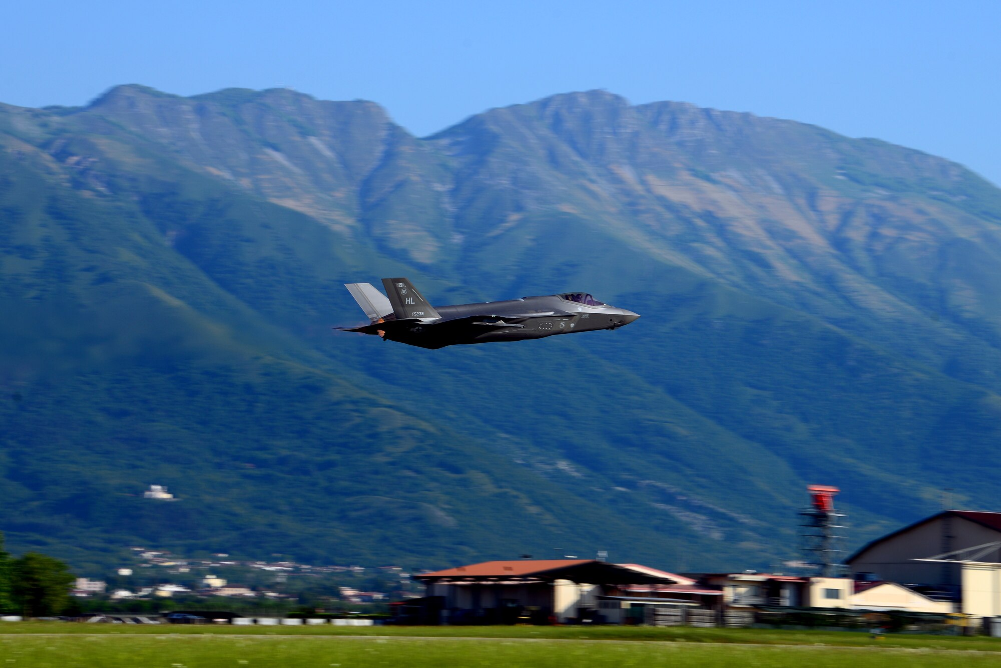 An F-35A Lightning II from the 388th and 419th Fighter Wings, at Hill AFB, Utah, takes off on the first day of Astral Knight 19 at Aviano Air Base, Italy, on June 3, 2019. The F-35 is a 5th generation jet with advanced stealth and fused sensors allowing for enhanced situational awareness. (U.S. Air Force photo by Airman 1st Class Caleb House)