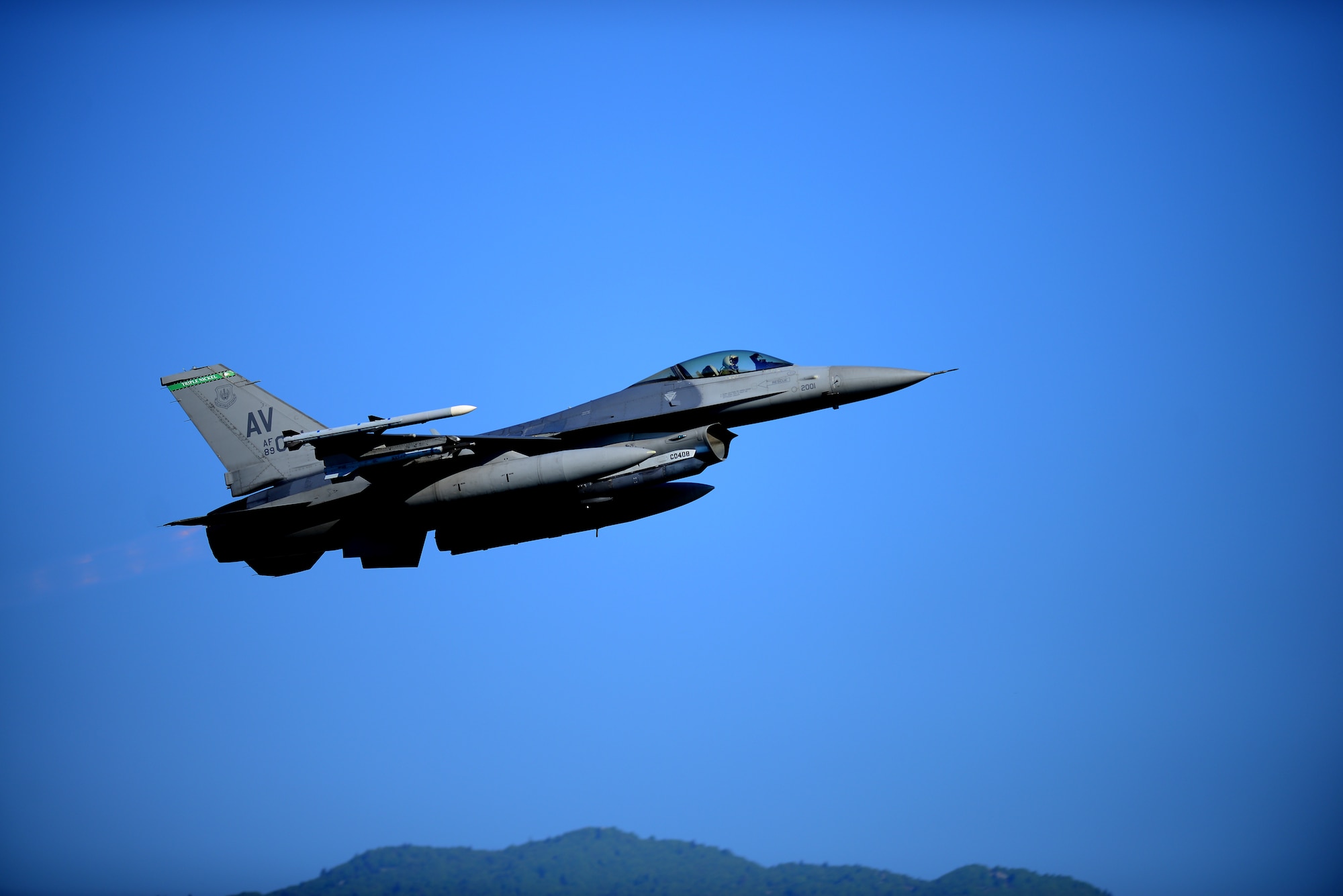 An F-16 Fighting Falcon from the 555th Fighter Squadron takes off on the first day of Astral Knight 19 at Aviano Air Base, Italy, on June 3, 2019. Astral Knight is a multinational integrated air and missile defense exercise involving forces from the U.S., Italy, Croatia and Slovenia. (U.S. Air Force photo by Airman 1st Class Caleb House)