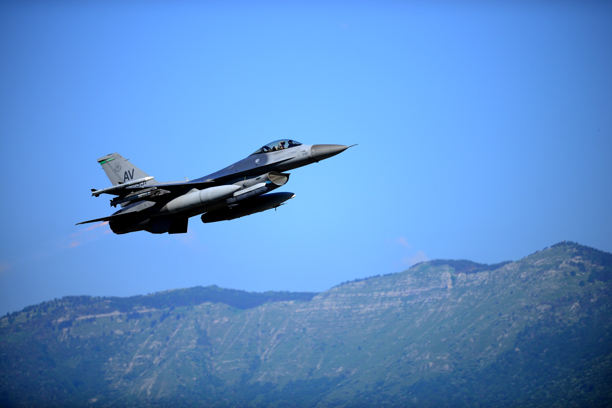 An F-16 Fighting Falcon from the 555th Fighter Squadron takes off on the first day of Astral Knight 19 at Aviano Air Base, Italy, on June 3, 2019. The U.S. and our NATO partners and allies continue to strengthen our deterrence efforts and improve readiness through multinational exercises like AK19. (U.S. Air Force photo by Airman 1st Class Caleb House)
