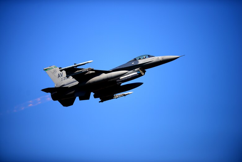 An F-16 Fighting Falcon from the 555th Fighter Squadron takes off on the first day of Astral Knight 19 at Aviano Air Base, Italy, on June 3, 2019. The U.S. and our NATO partners and allies continue to strengthen our deterrence efforts and improve readiness through multinational exercises like AK19. (U.S. Air Force photo by Airman 1st Class Caleb House)