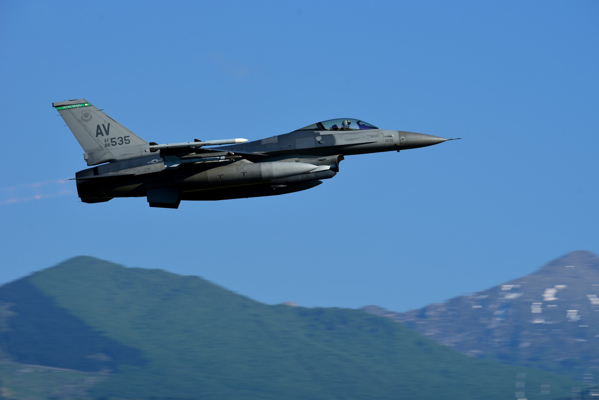 An F-16 Fighting Falcon from the 555th Fighter Squadron takes off on the first day of Astral Knight 19 at Aviano Air Base, Italy, on June 3, 2019. Astral Knight is a multinational integrated air and missile defense exercise involving forces from the U.S., Italy, Croatia and Slovenia. (U.S. Air Force photo by Airman 1st Class Caleb House)