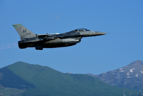 An F-16 Fighting Falcon from the 555th Fighter Squadron takes off on the first day of Astral Knight 19 at Aviano Air Base, Italy, on June 3, 2019. Astral Knight is a multinational integrated air and missile defense exercise involving forces from the U.S., Italy, Croatia and Slovenia. (U.S. Air Force photo by Airman 1st Class Caleb House)