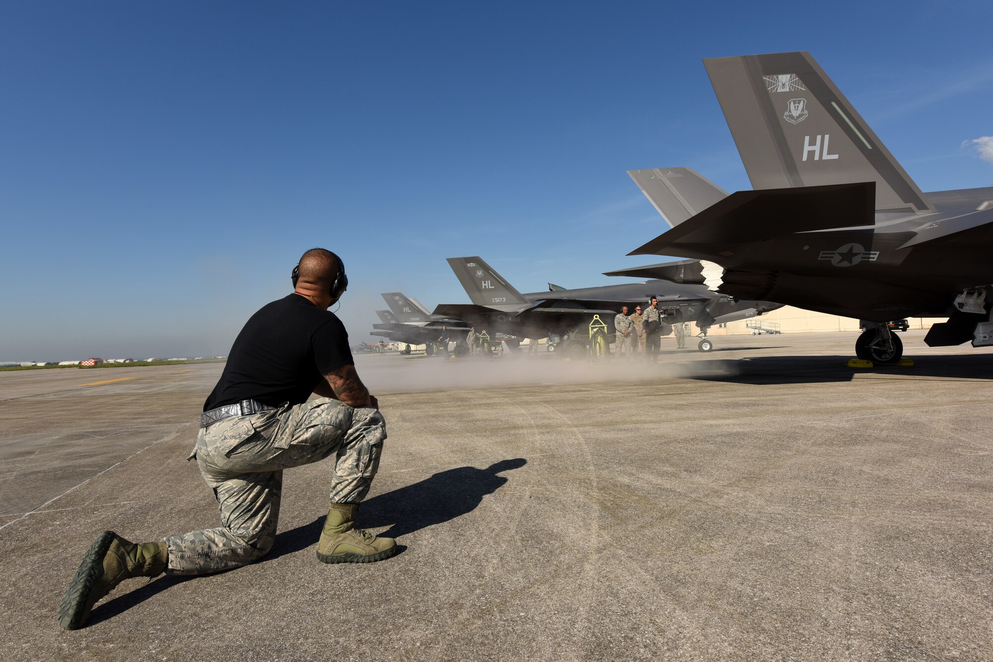 Staff Sgt. Keagan Rosario, 421st Aircraft Maintenance Unit BOLT mission systems technician, performs preflight checks on an F-35A Lightning II fighter jet May 31, 2019, at Aviano Air Base. The F-35A is an agile, versatile, high-performance, 9G capable multirole fighter that combines stealth, sensor fusion and unprecedented situational awareness. Airmen from the 388th and 419th Fighter Wings at Hill Air Force Base, Utah, are in Europe as part of a Theater Security Package. Currently they are participating in Astral Knight 2019, a joint and multinational exercise that involves airmen, soldiers and sailors from the United States and airmen from Croatia, Italy, and Slovenia. The exercise is an integrated air and missile defense exercise focused on conducting integrated defense of key terrain. (U.S. Air Force photo by Tech. Sgt. Jim Araos)
