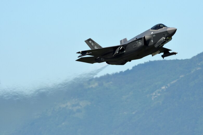 An F-35A Lightning II fighter jet from the 388th Fighter Wing at Hill Air Force Base, Utah, takes off May 31, 2019, at Aviano Air Base, Italy. The F-35A is the U.S. Air Force’s latest fifth-generation fighter that complements the air superiority of other fourth and fifth-generation aircrafts. Airmen from the 388th and 419th Fighter Wings are in Europe as part of a Theater Security Package. Currently they are participating in Astral Knight 2019, a joint and multinational exercise that will involve airmen, soldiers and sailors from the United States and airmen from Croatia, Italy, and Slovenia. The exercise is an integrated air and missile defense exercise focused on conducting integrated 
 defense of key terrain. (U.S. Air Force photo by Tech. Sgt. Jim Araos)