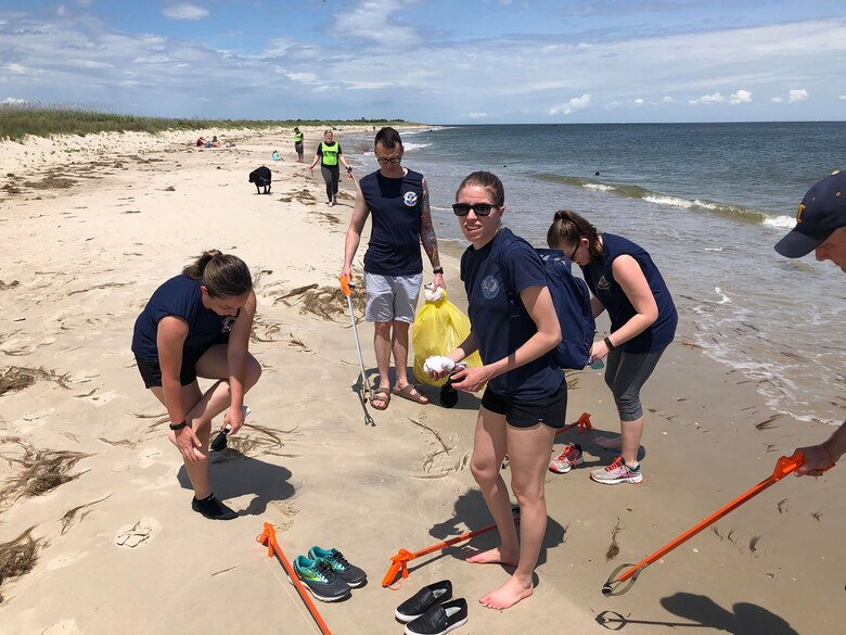 Thirteen Airmen from the 718th Intelligence Squadron participated in a community outreach project with the Hampton Clean City Commission. In honor of Earth Day, they coordinated a beach cleanup for the Grandview Island Nature Preserve in Hampton. The team collected three bags of trash and removed several large crab traps and other large items and debris.