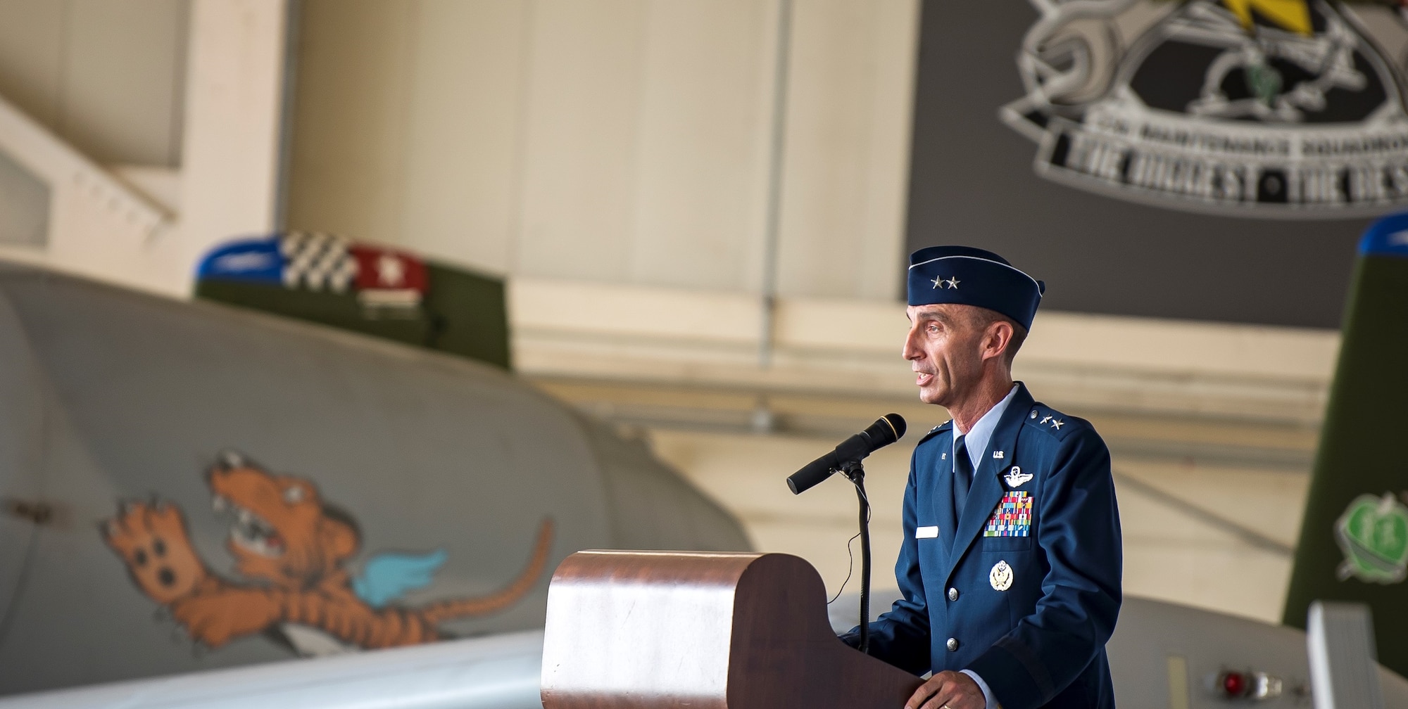 Maj. Gen. Scott Zobrist, 9th Air Force commander, speaks during the 23d Wing change of command ceremony, May 31, 2019, at Moody Air Force Base, Ga. The ceremony is a military tradition that represents a formal transfer of a unit’s authority and responsibility from one commander to another. (U.S. Air Force photo by Airman 1st Class Eugene Oliver)