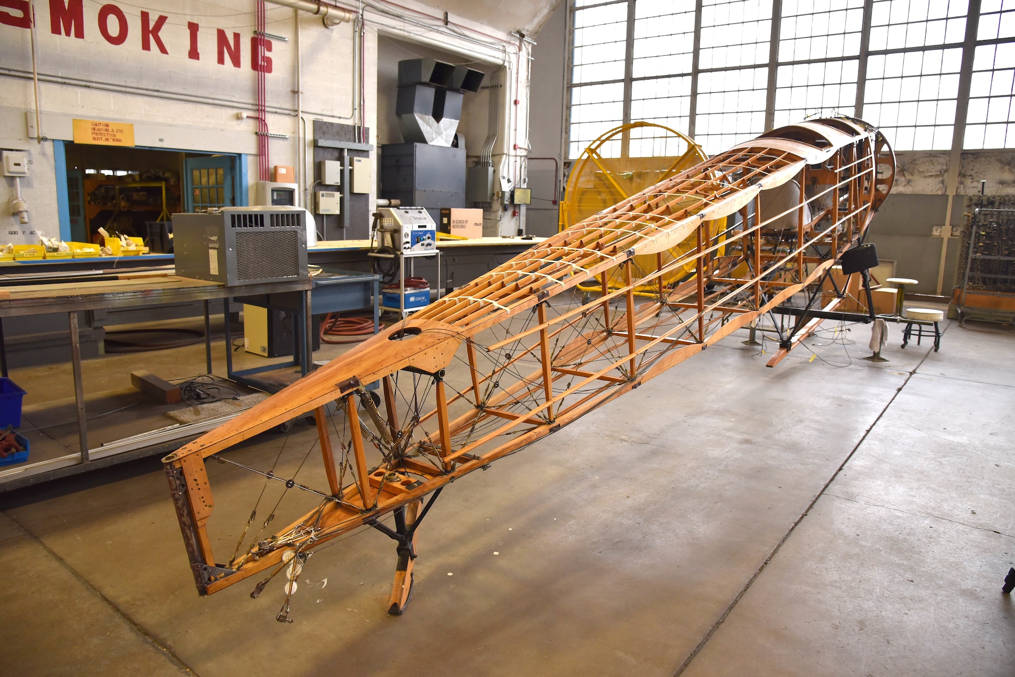 DAYTON, Ohio --The Avro 504K in restoration which was originally built in 1966 by the Royal Canadian Air Force's Aircraft Maintenance & Development Unit. Preserving the Air Force's proud legacy, the Restoration Division restores aircraft and aerospace vehicles to historically accurate and visually striking levels. (U.S. Air Force photo by Ken LaRock)