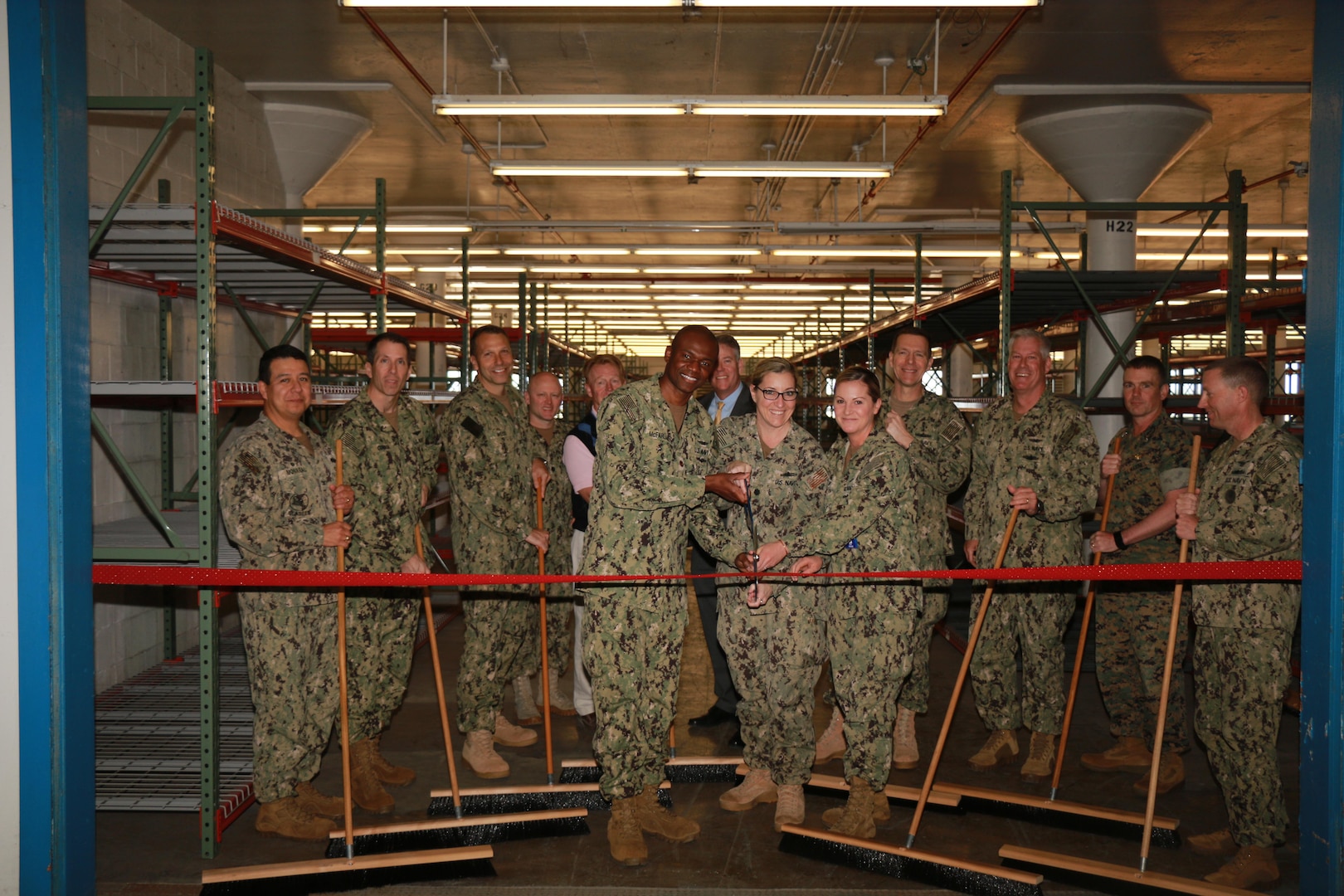 Thomas Harker, assistant secretary of the Navy for financial management and comptroller and Vice Adm. Dixon Smith, deputy chief of naval operations, fleet readiness and logistics), joined Capt. Matthew Ott, commanding officer of the Naval Supply System Command’s Fleet Logistics Center at Jacksonville, to celebrate the Navy’s first Material Exploratory Program Pilot success. The ribbon cutting ceremony included key stakeholders, commanding officers, executive officers, command enlisted leaders from Commander, Navy Region Southeast, Naval Facilities Engineering Command Southeast, NAS Jacksonville, Fleet Readiness Center Southeast, DLA Aviation Jacksonville, and NAVSUP Fleet Logistics Center Jacksonville.