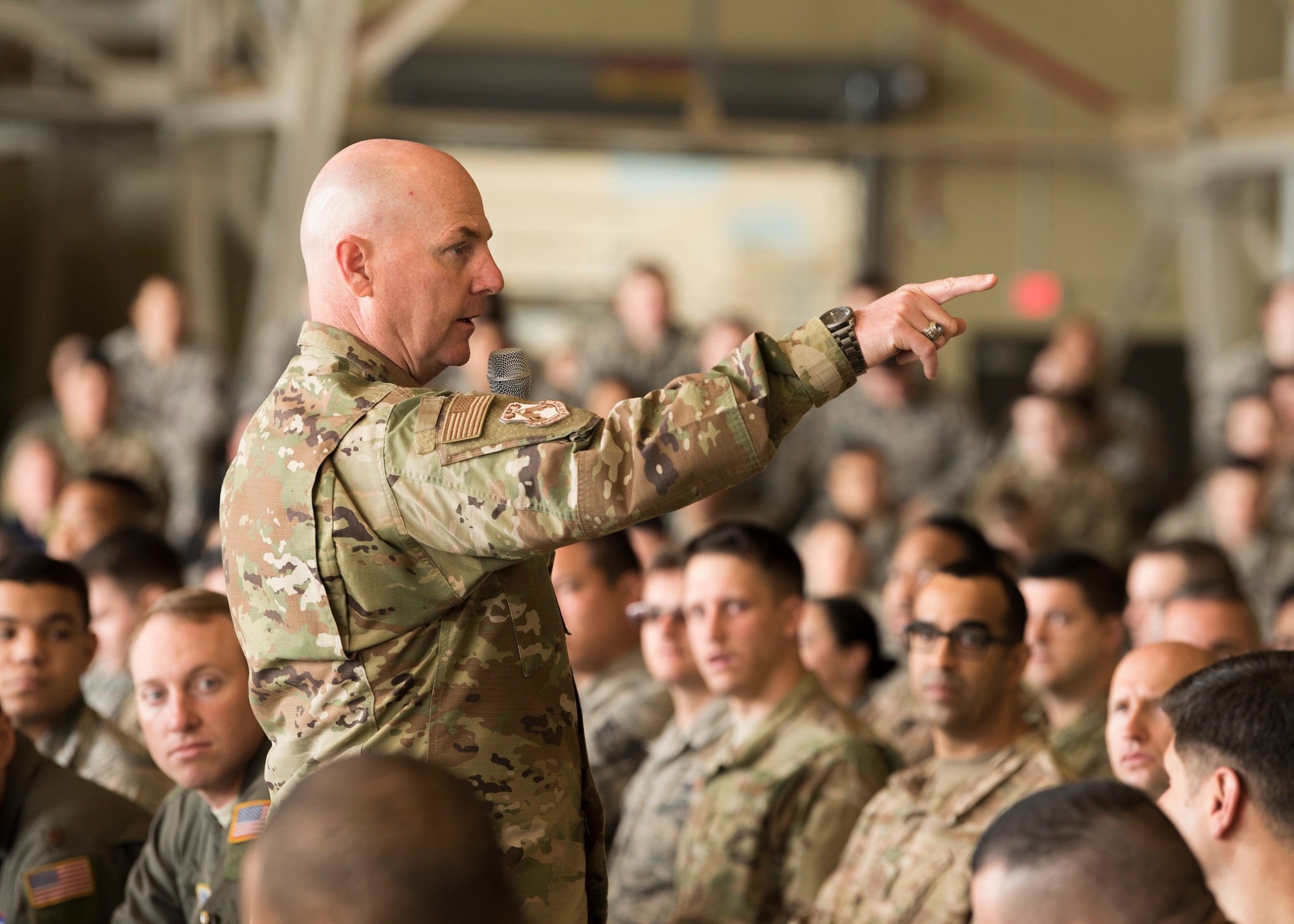 Maj. Gen. Sam Barrett, 18th Air Force commander, speaks to Airmen from the 92nd Air Refueling Wing May 23, 2019, at Fairchild Air Force Base, Washington. In September, Team Fairchild is scheduled to host more than 2,000 Department of Defense personnel and international partners during Air Mobility Command’s premiere exercise, Mobility Guardian. The exercise will put participants to the test during realistic combat scenarios to train like they fight: together. (U.S. Air Force photo by Senior Airman Ryan Lackey)
