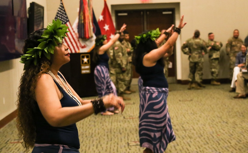 The “Island Beauties”, a local Polynesian dance group, performed traditional dances for members of U.S. Army Central during the annual Asian American Pacific Islander heritage observance at USARCENT’s headquarters, Patton Hall, Shaw Air Force Base, S.C., May 15, 2019. Members of USARCENT also prepared a “Taste of the Pacific and Asia” food sampling for attendees to enjoy and experience.
