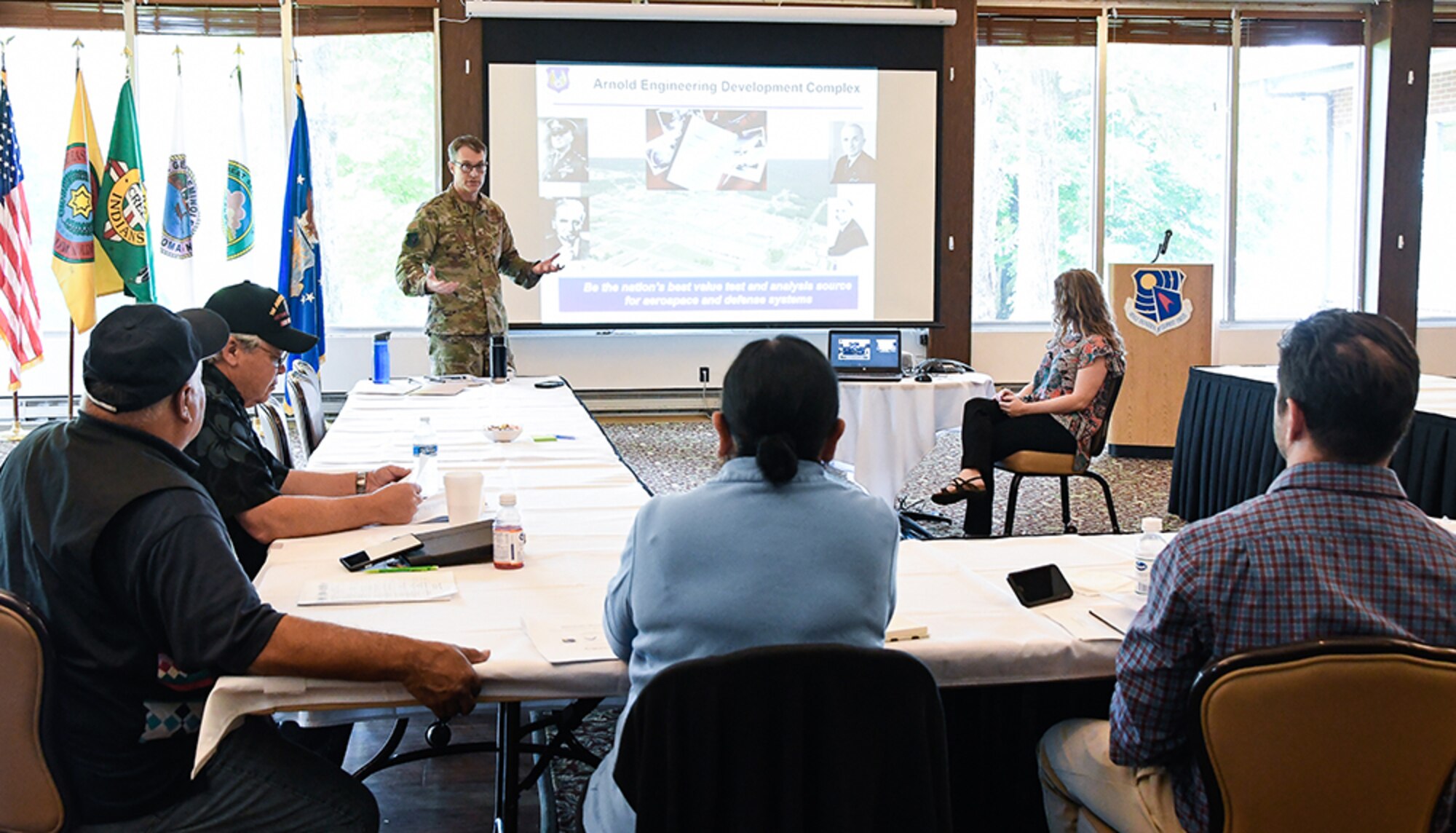 AEDC Commander Col. Scott Cain gives an overview of the complex to tribal historic preservation officers May 21 during a government-to-government Tribal Consultation at Arnold Lakeside Center on Arnold Air Force Base. (U.S. Air Force photo by Jill Pickett)