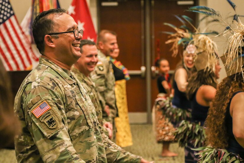 Members of U.S. Army Central participate in traditional Polynesian dances during the annual Asian American Pacific Islander heritage observance at USARCENT’s headquarters, Patton Hall, Shaw Air Force Base, S.C., May 15, 2019. Members of USARCENT also prepared a “Taste of the Pacific and Asia” food sampling for attendees to enjoy and experience.