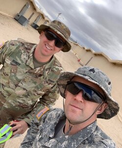 Idaho Army National Guard 2nd Lt. Zane Bundy and Sgt. Nathan Bundy pose for a selfie while training together at the National Training Center in Fort Irwin, California May 29, 2019. The brothers, from Mountain Home, Idaho, both serve in the 116th Cavalry Brigade Combat Team’s 2nd Battalion, 116th Cavalry Regiment.