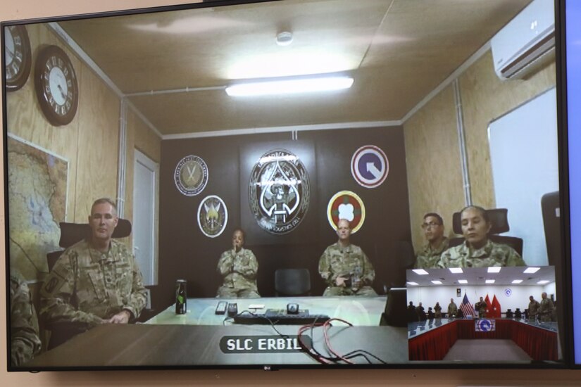 The 184th Sustainment Command's unit ministry team brings religious services to warfighters near and far using video teleconference technology during a service at Camp Arifjan, Kuwait, May 26, 2019.