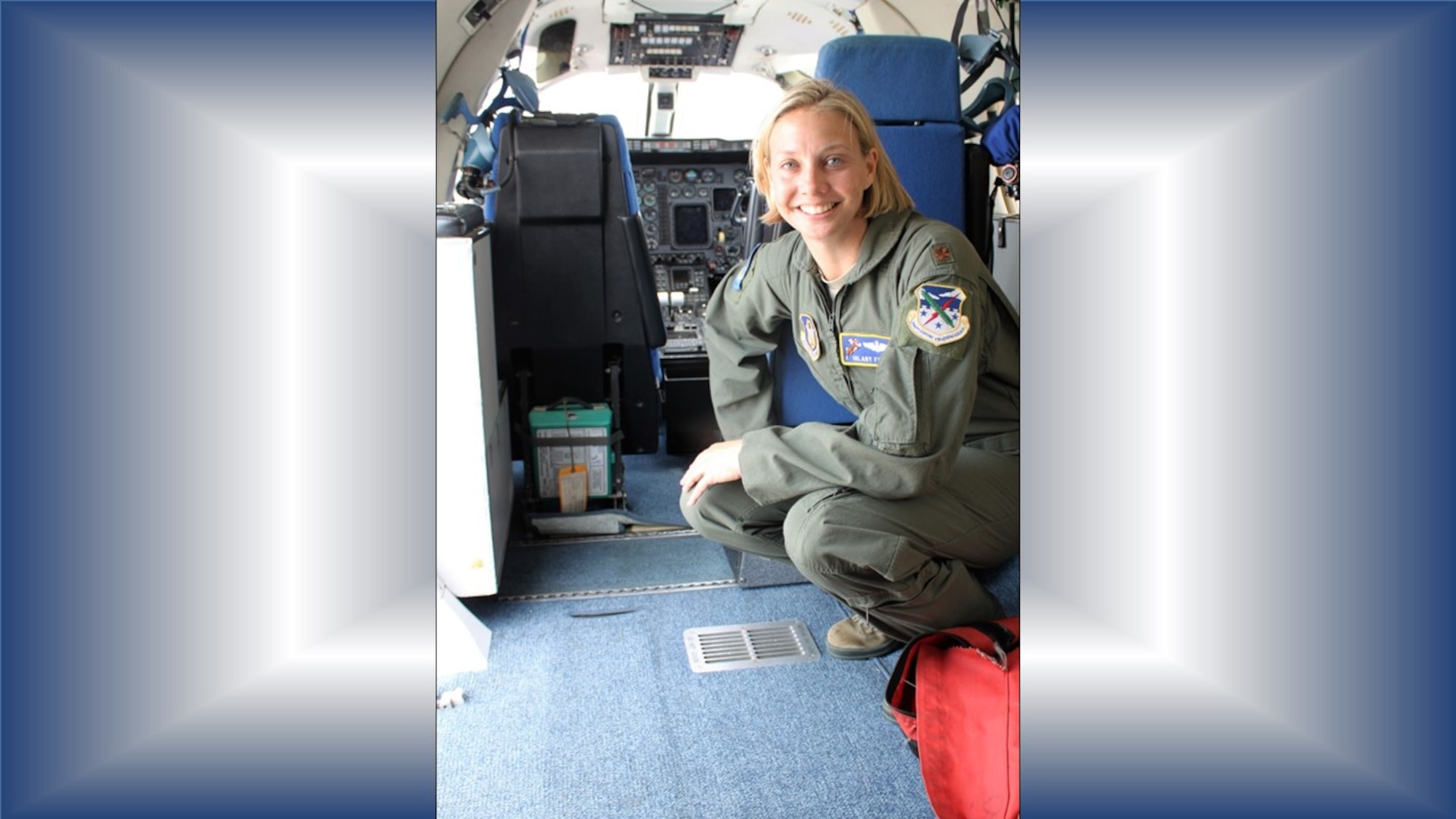 Air Force Reserve Citizen Airman Maj. Hilary Foley, 96th Flying Training Squadron T-1 Jayhawk instructor pilot, Laughlin Air Force Base, Texas, gives a quick tour of her plane. As a former active duty C-5 pilot, current Reserve instructor pilot and wife of an active duty squadron commander, Foley has the perfect experience and background to help “bridge the gap” between active and Reserve teammates and families. (U.S. Air Force photo by Debbie Gildea)