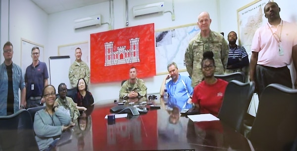 The Kandahar Project Delivery Platform Engineering Team joins in to the Awards Ceremony in Bagram via Virtual Teleconferencing from Kandahar to be a part of the final presentation to Ms. Kolevski.