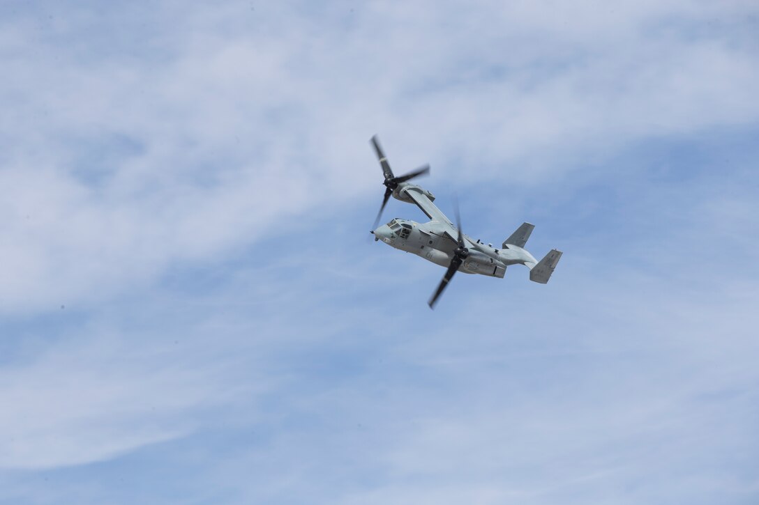 An MV-22B Osprey with VMX-1 demonstrates its capabilities during the 2019 Yuma Airshow at Marine Corps Air Station(MCAS) Yuma, Ariz., Saturday March 18, 2019. The airshow is MCAS Yuma's only military airshow of the year and provides the community an opportunity to see thrilling aerial and ground perfromers for free while interacting with Marines and Sailors. (U.S. Marine Corps photo by Pfc. John Hall)
