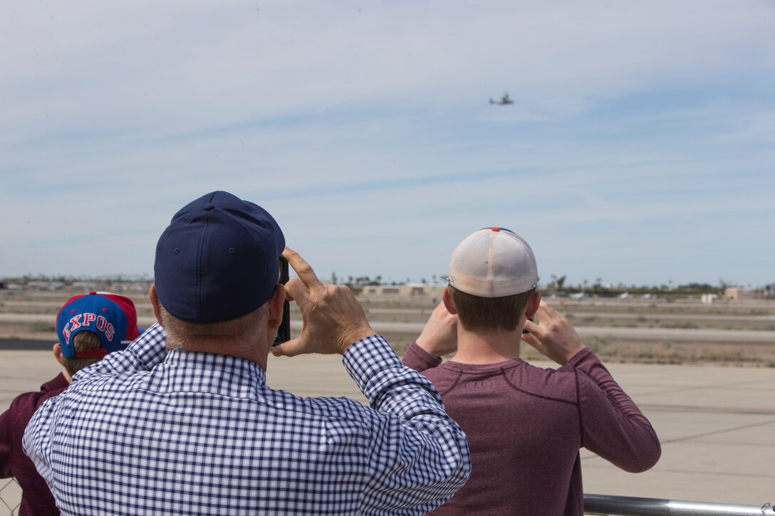 An MV-22B Osprey with VMX-1 demonstrates its capabilities during the 2019 Yuma Airshow at Marine Corps Air Station(MCAS) Yuma, Ariz., Saturday March 18, 2019. The airshow is MCAS Yuma's only military airshow of the year and provides the community an opportunity to see thrilling aerial and ground perfromers for free while interacting with Marines and Sailors. (U.S. Marine Corps photo by Pfc. John Hall)