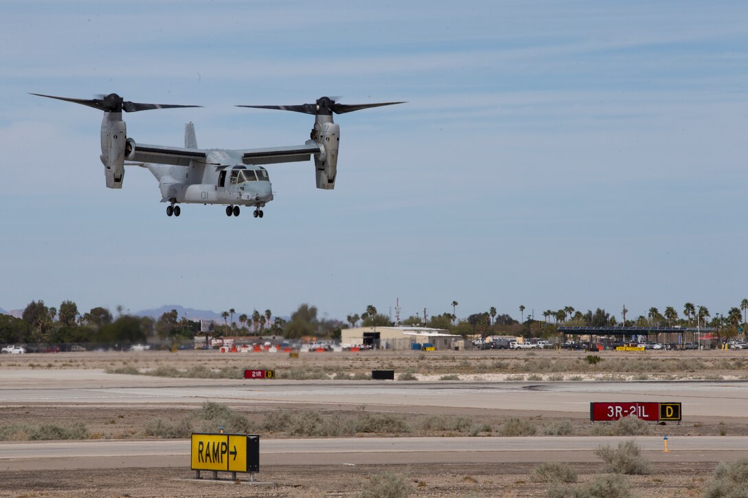 An MV-22B Osprey with VMX-1 demonstrates its capabilities during the 2019 Yuma Airshow at Marine Corps Air Station(MCAS) Yuma, Ariz., Saturday March 18, 2019. The airshow is MCAS Yuma's only military airshow of the year and provides the community an opportunity to see thrilling aerial and ground perfromers for free while interacting with Marines and Sailors. (U.S. Marine Corps photo by Pfc. John Hall)