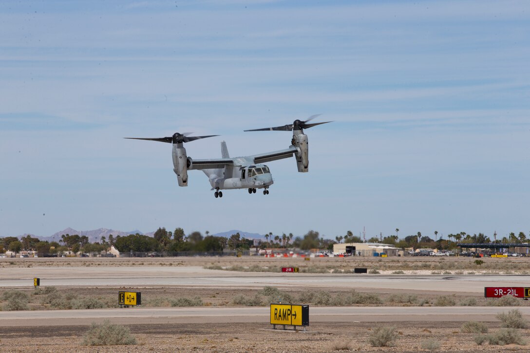 An MV-22B Osprey with VMX-1 demonstrates its capabilities during the 2019 Yuma Airshow at Marine Corps Air Station(MCAS) Yuma, Ariz., Saturday March 18, 2019. The airshow is MCAS Yuma's only military airshow of the year and provides the community an opportunity to see thrilling aerial and ground perfromers for free while interacting with Marines and Sailors. (U.S. Marine Corps photo by Pfc. John Hall)