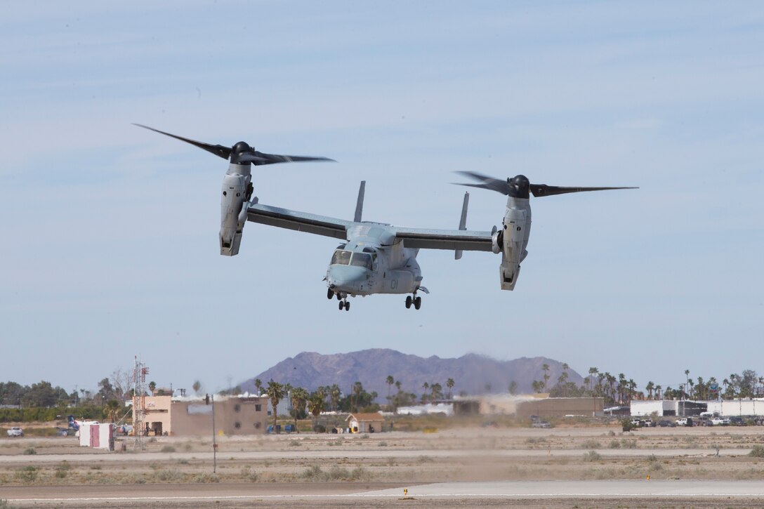 An MV-22B Osprey with VMX-1 demonstrates its capabilities during the 2019 Yuma Airshow at Marine Corps Air Station(MCAS) Yuma, Ariz., Saturday March 18, 2019. The airshow is MCAS Yuma's only military airshow of the year and provides the community an opportunity to see thrilling aerial and ground perfromers for free while interacting with Marines and Sailors. (U.S. Marine Corps photo by Pfc. John Hall)