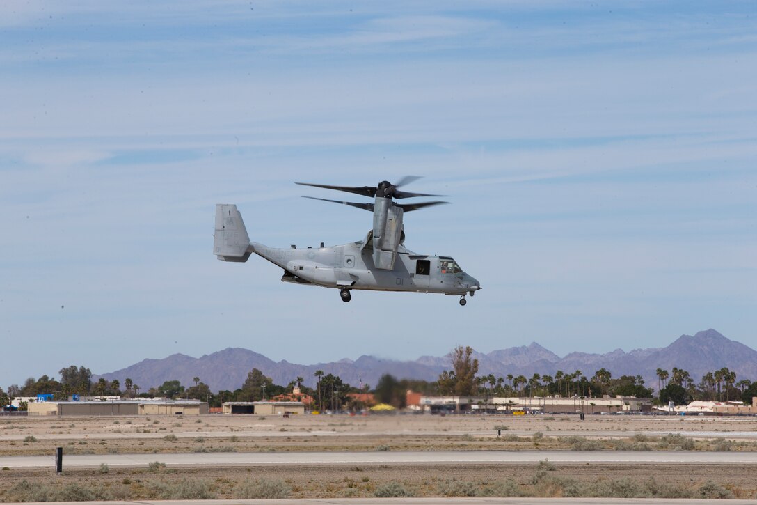 An MV-22B Osprey with VMX-1 demonstrates its capabilities during the 2019 Yuma Airshow at Marine Corps Air Station(MCAS) Yuma, Ariz., Saturday March 18, 2019. The airshow is MCAS Yuma's only military airshow of the year and provides the community an opportunity to see thrilling aerial and ground perfromers for free while interacting with Marines and Sailors. (U.S. Marine Corps photo by Pfc. John Hall)