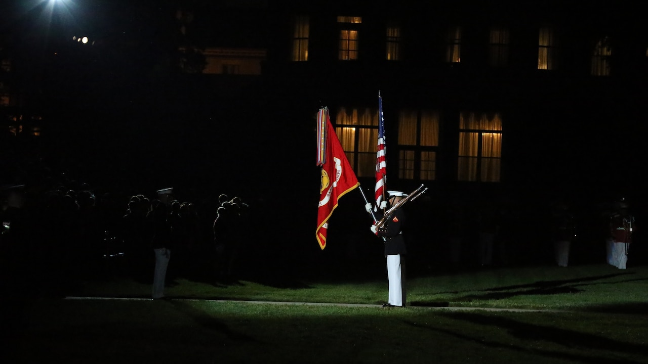 Several service members carrying flags are aligned side by side, at a distance, one obscuring the other.