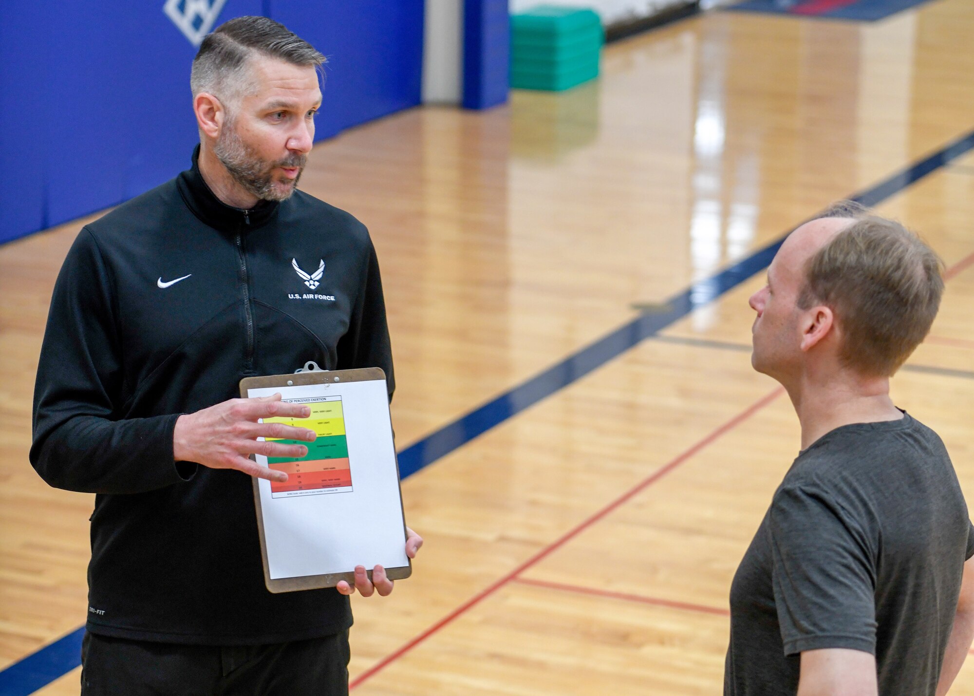 Matthew Gruse, exercise physiologist for the 910th Airlift Wing, explains a perceived exertion chart to Col. Joe Janik, 910th AW commander here, April 18, 2019.