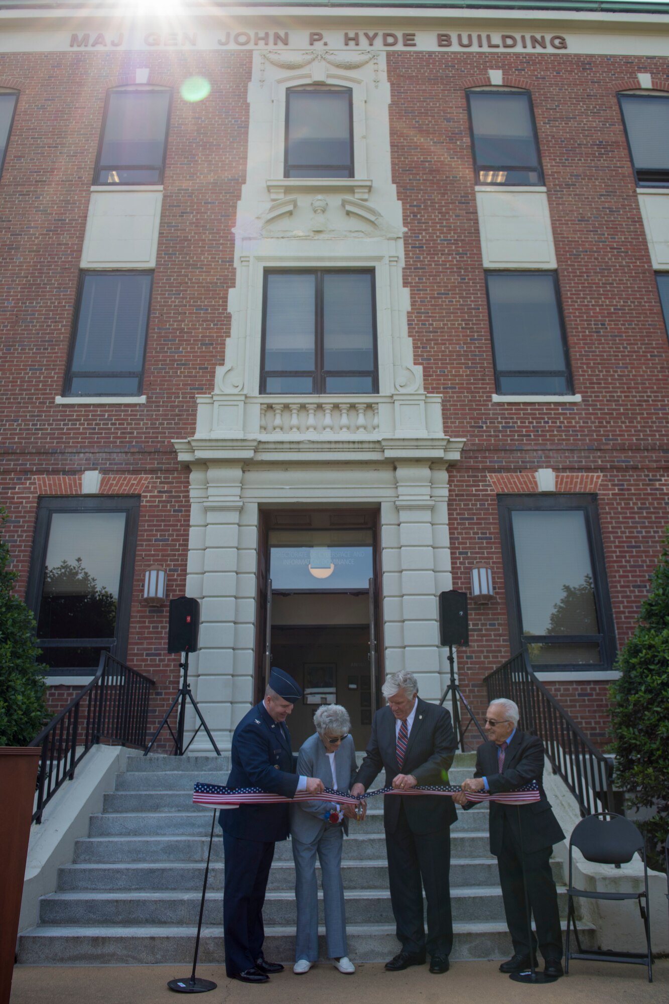 Members of the Air Combat Command Directorate of Cyberspace and Information Dominance, rededicated the Major General John P. Hyde building with his widow, Elizabeth Hyde, during a ceremony May 23, 2019 at Joint Base Langley-Eustis, Virginia.