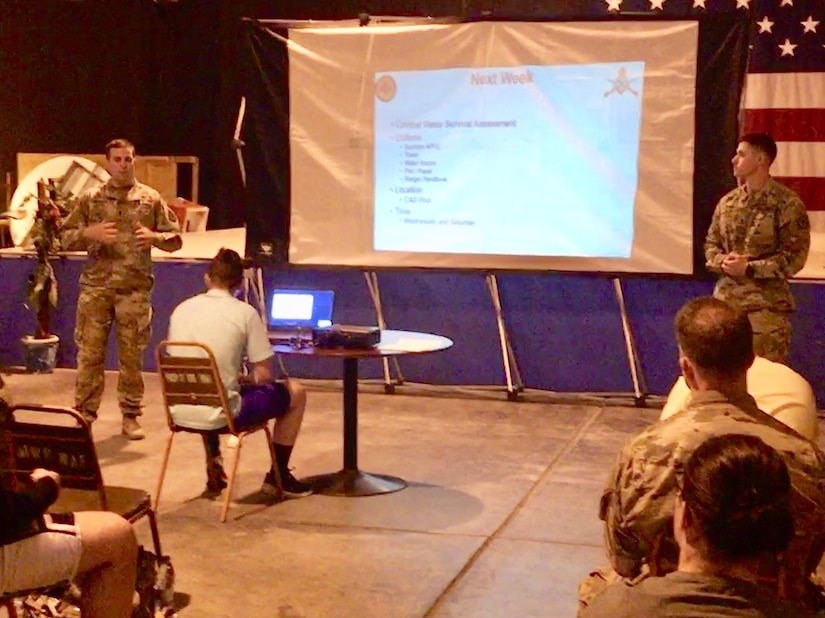 1st Lt. Steven Forrest, executive officer and RSOP instructor with Alpha Company, 1st Bn., 114th Infantry Regiment, New Jersey Army National Guard, talks to Soldiers about the Ranger School Orientation Program at Camp As Sayliyah, Qatar. The 1st Bn., 114th Inf. Reg. serves as the security forces element for Area Support Group-Qatar and conducts this program to help prepare its Soldiers for advanced schools.