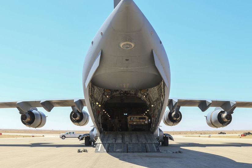 The United States Air Force transports the vehicles and equipment to Soldiers from the Minnesota Army National Guard’s 34th Red Bull Infantry Division as they conduct an emergency readiness deployment exercise in Jordan on May 3-10, 2019. The exercise demonstrated the division’s ability to set up a tactical command post and show their ability to perform command and control from a forward deployed location. As the lead element for Task Force Spartan, the 34th Red Bull Infantry Division works to strengthen partnerships in the region by building upon and leveraging existing relationships.