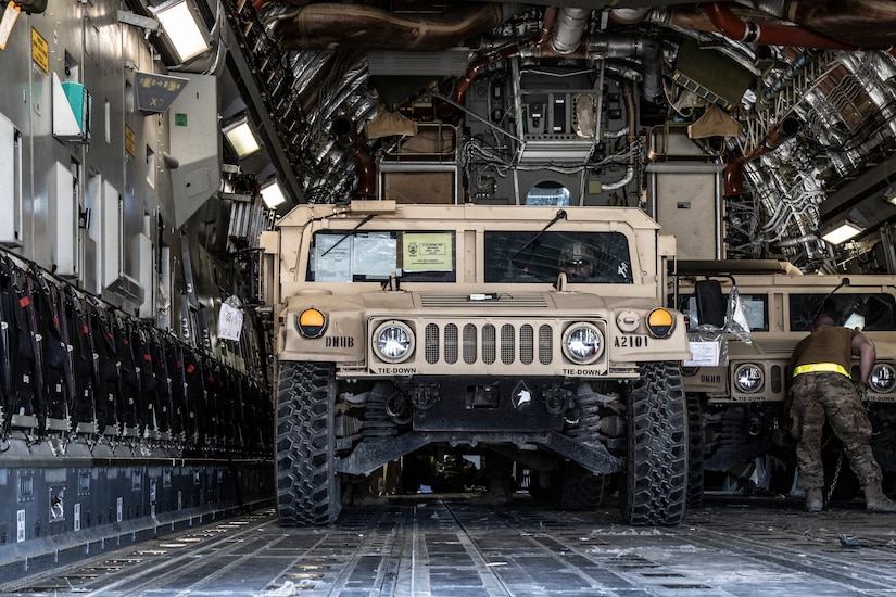 Soldiers of the 34th Red Bull Infantry Division take their vehicles off a Lockheed C-130 Hercules to conduct an emergency deployment readiness exercise in Jordan on May 3-10, 2019. The exercise demonstrated the Division’s ability to set up a tactical command post and show their ability to perform command and control from a forward deployed location. As the lead element for Task Force Spartan, the 34th Red Bull Infantry Division works to strengthen partnerships in the region by building upon and leveraging existing relationships.
