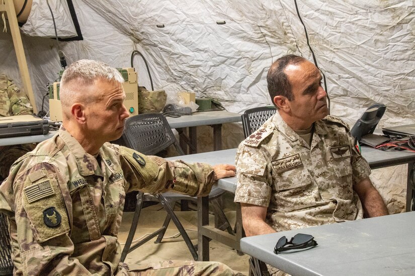 Brig. Gen. Michael Wickman, Deputy Commanding General of Operations and Brig. Gen. Taher Marashdih, director of operations for the Jordan Armed Forces were able to visit the area of operation for the emergency deployment readiness exercise in Jordan on May 3- 10, 2019. Maj. Joseph Sanganoo and Maj. Christopher Metzger, operations officers for Task Force Spartan gave an explanation to both senior leaders about the exercise and how it builds the partnership between the United States and Jordan. As the lead element for Task Force Spartan, the 34th Red Bull Infantry Division works to strengthen partnerships in the region by building upon and leveraging existing relationships.