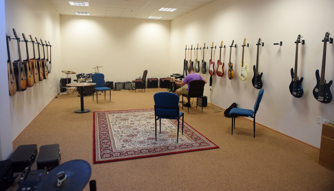 Guitars and other instruments are situated in the Incirlik Community Center music room May 30, 2019, at Incirlik Air Base, Turkey. These instruments are available for Airmen to use for free during their time at Incirlik. (U.S. Air Force photo by Staff Sgt. Trevor Rhynes)