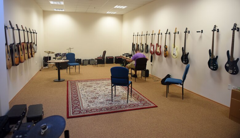 Guitars and other instruments are situated in the Incirlik Community Center music room May 30, 2019, at Incirlik Air Base, Turkey. These instruments are available for Airmen to use for free during their time at Incirlik. (U.S. Air Force photo by Staff Sgt. Trevor Rhynes)
