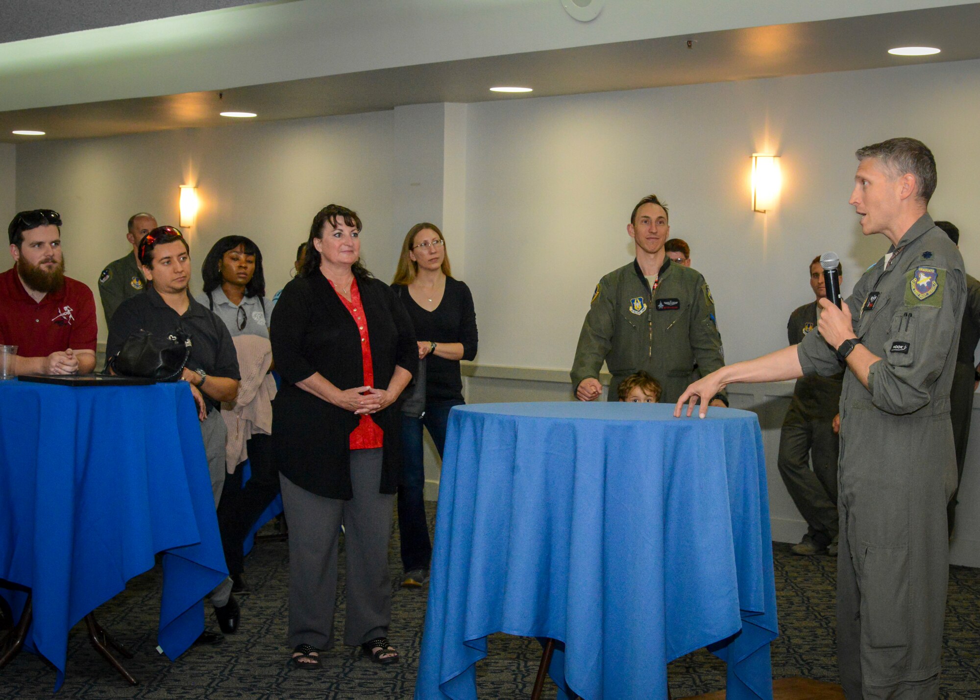 Lt. Col. Tucker Hamilton, 461st Flight Test Squadron Commander and F-35 Integrated Test Force Director addresses engineers and test pilots involved in the development of the Automatic Ground Collision Avoidance System at Edwards Air Force Base, Calif., May 30. The AGCAS team will receive the Robert J. Collier Trophy later this month. The  Collier Trophy is awarded annually by the U.S. Aeronautic Association "for the greatest achievement in aeronautics or astronautics in America, with respect to improving the performance, efficiency, and safety of air or space vehicles, the value of which has been thoroughly demonstrated by actual use during the preceding year."(U.S. Air Force photo by Giancarlo Casem)