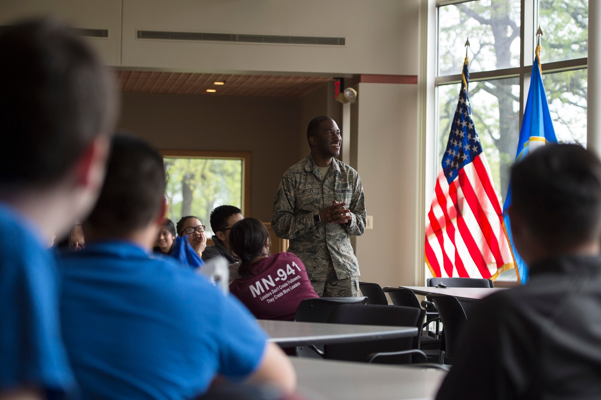 Members from five different Junior Reserve Officer Training Corp (JROTC) units visit the 133rd Airlift Wing on May 15, 2019.